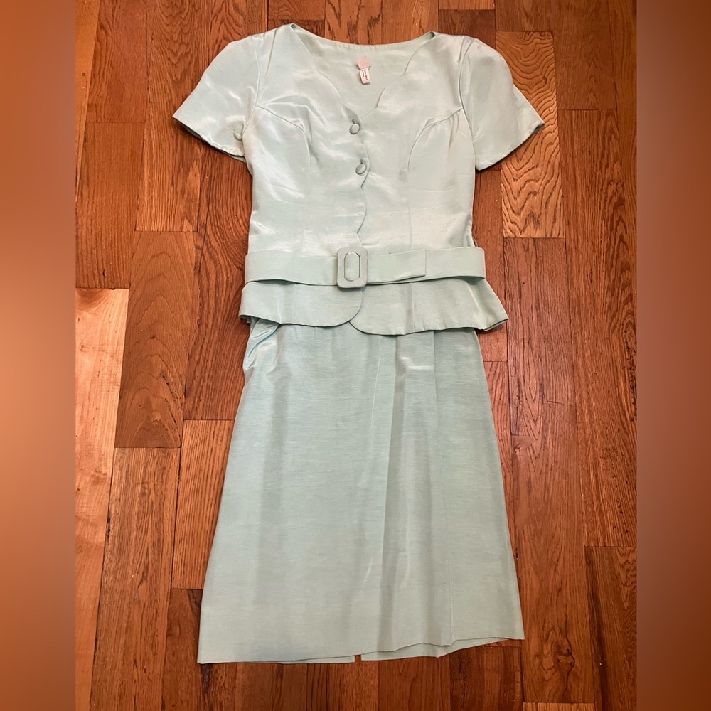 Vintage Women's Suit Skirt Combo Size 11/12 Belted Mint Green Astor ILGWU Made